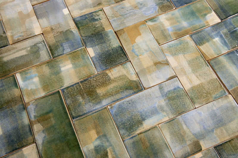 Artistic Blend of Rectangular Green Blue Tiles Painted by Hand - AUQMTE_29F