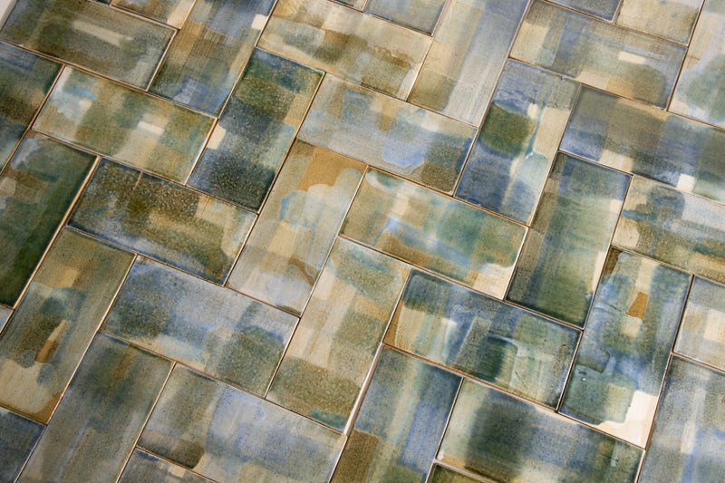Artistic Blend of Rectangular Green Blue Tiles Painted by Hand - AUQMTE_29F