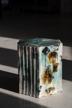 Experience bold sophistication with this ceramic piece, featuring bold mark making. Elevate your space with a distinctive blend of golden brown, sepia, copper, and aqua greens - EBIJFK