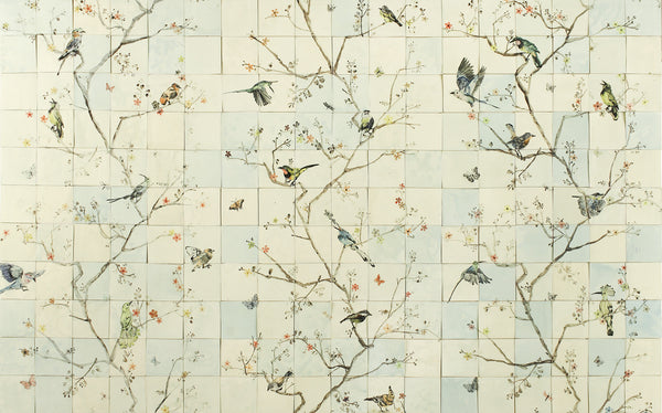 HAND PAINTED BIRDS ON BRANCH TILE MURAL 0.7m x 1.4m (F3UP58 2B)