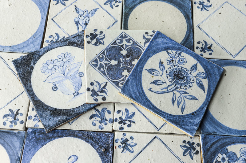Square Hand Made Tile Hand Painted Blue and Matt White PXP7DS