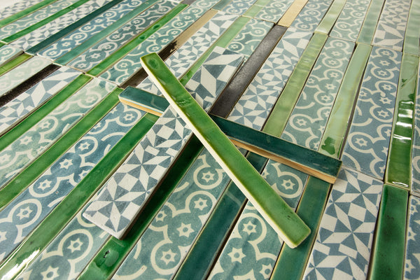 Rectangular Blend of Green, Metallic Bronze and Printed Tiles YMA33J 8B