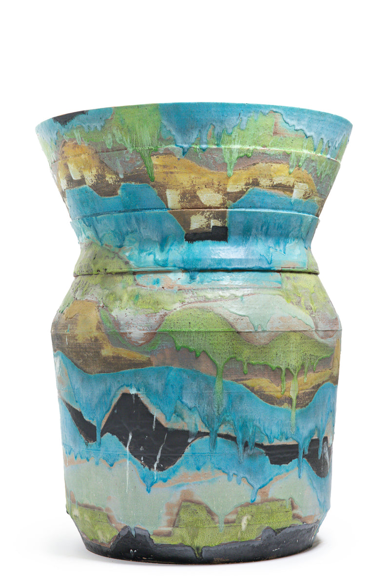 Blue & Green Hand-Painted Ceramic Vessel - 15JJNL