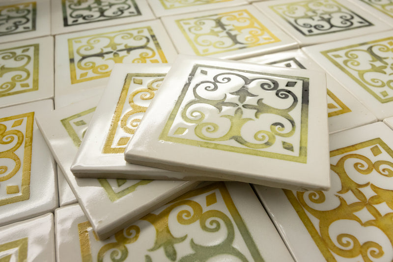 Green, Yellow & Black Geometric Hand-Printed Pattern Tiles - 3JVD5Q