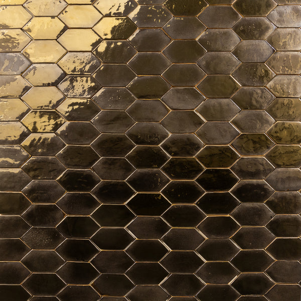 Elegance in Geometry: Luxurious Golden Bronze Shiny Glaze on Elongated Hexagons - 5K3Z24-29D