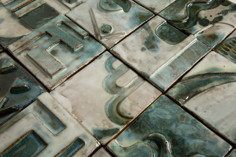 Handmade Sculptural Abstract Green & White Tiles - 7FGDX1-WS