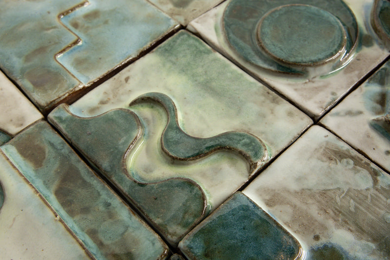 Handmade Sculptural Abstract Green & White Tiles - 7FGDX1-WS