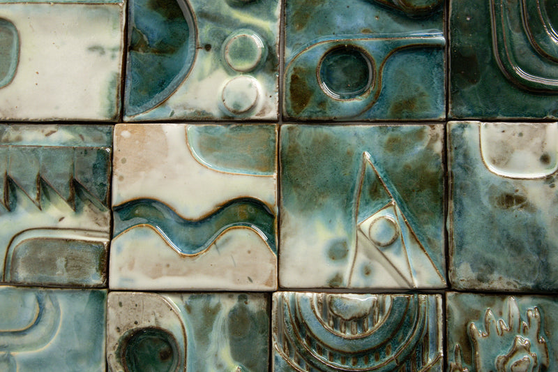 Handmade Sculptural Abstract Green & White Tiles - 7FGDX1-WS
