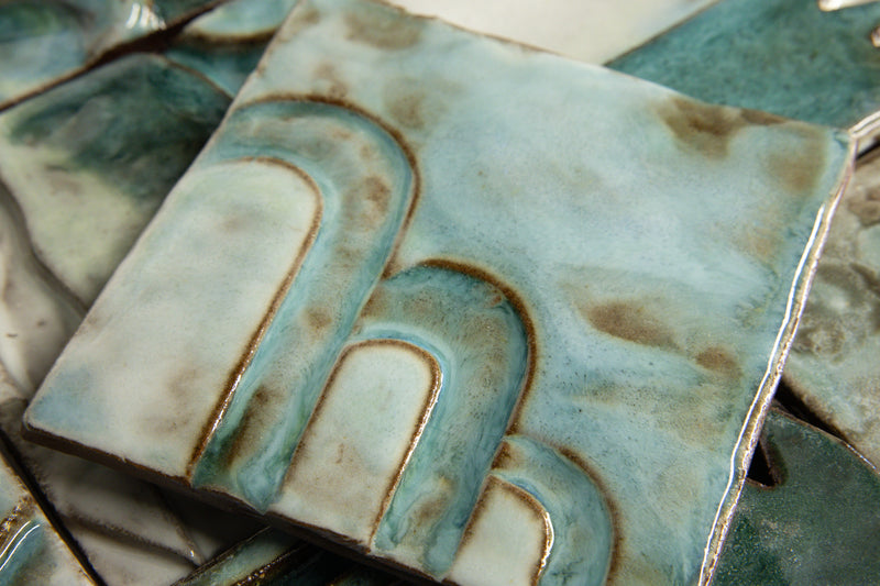 Handmade Sculptural Abstract Green & White Tiles - 7FGDX1-WS