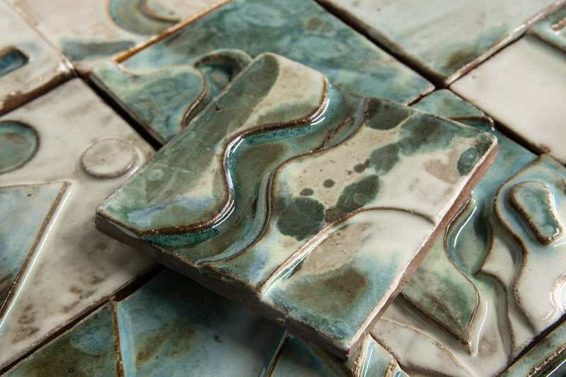 Handmade Sculptural Abstract Green & White Tiles - 7FGDX1-WS
