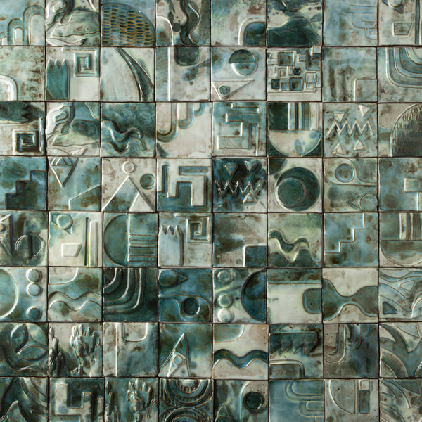 Handmade Sculptural Abstract Green & White Tiles - 7FGDX1-WS