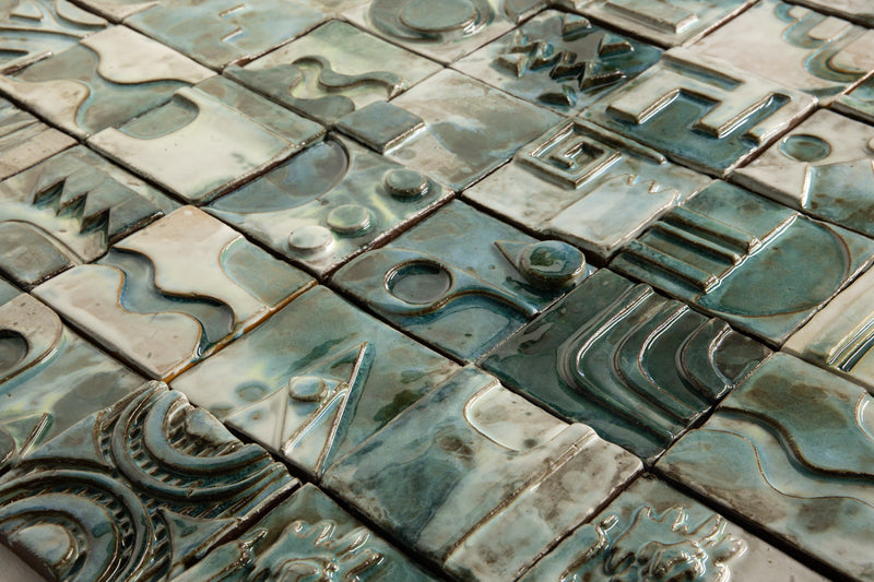Handmade Sculptural Abstract Green & White Tiles - 7FGDX1-WS