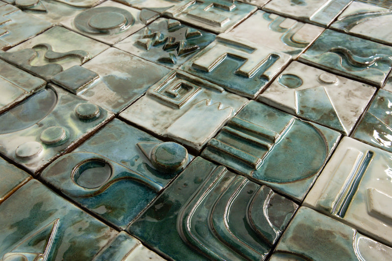Handmade Sculptural Abstract Green & White Tiles - 7FGDX1-WS