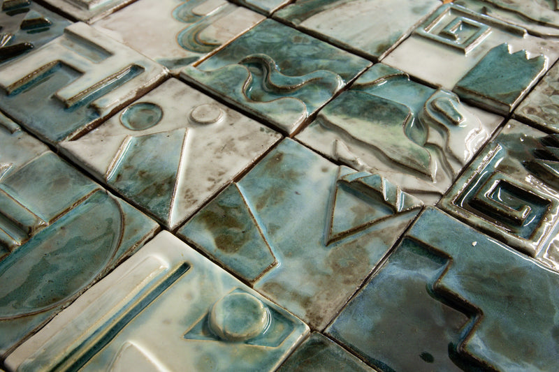 Handmade Sculptural Abstract Green & White Tiles - 7FGDX1-WS
