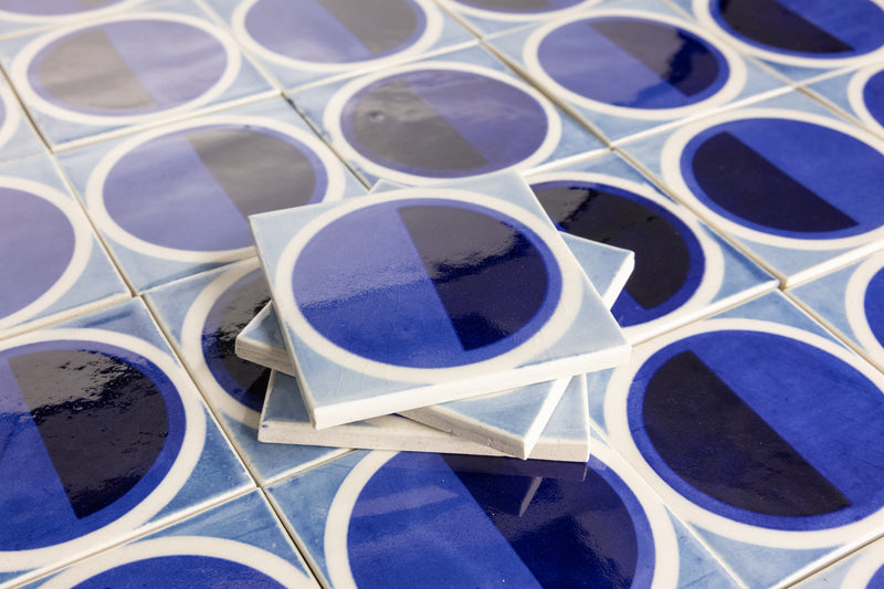 Geometric Circle Hand-Printed Blue and White Tiles - AKDEHG-EX