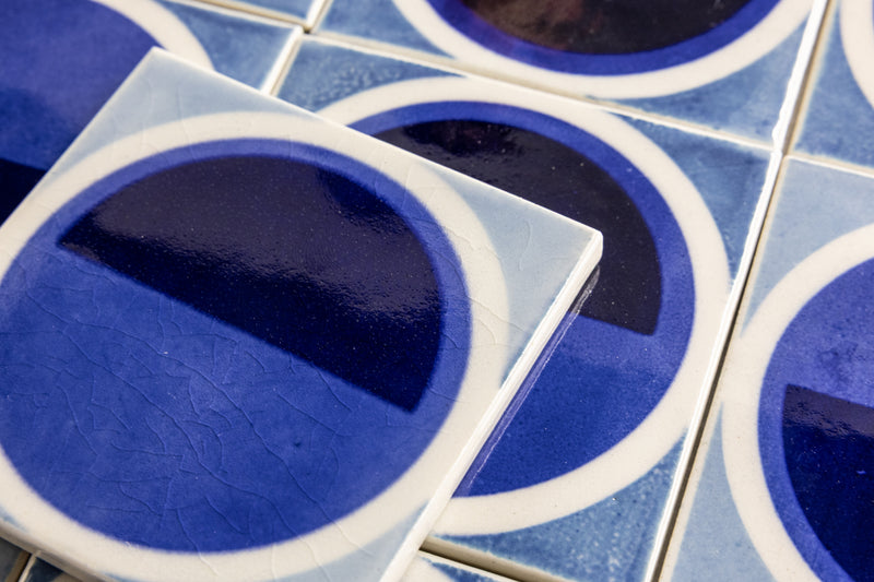 Geometric Circle Hand-Printed Blue and White Tiles - AKDEHG-EX