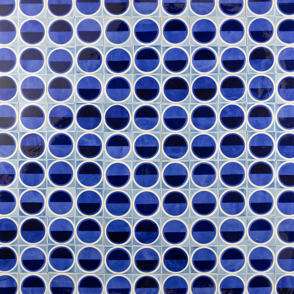 Geometric Circle Hand-Printed Blue and White Tiles - AKDEHG-EX