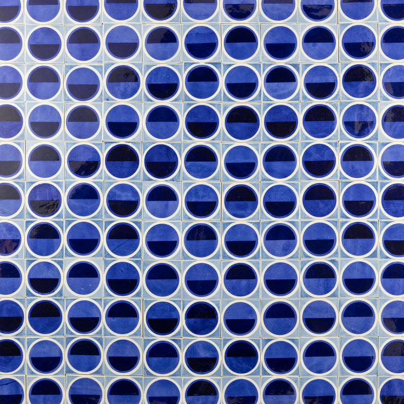 Geometric Circle Hand-Printed Blue and White Tiles - AKDEHG-EX