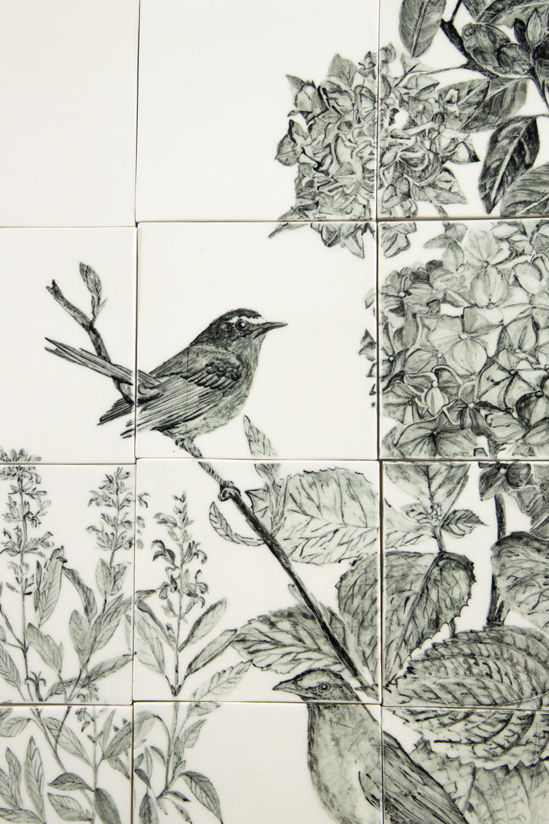 Hand-Painted Black & White Bird in the Garden Mural - ALMELD