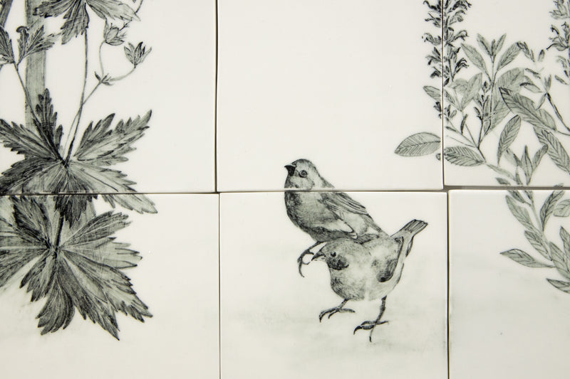 Hand-Painted Black & White Bird in the Garden Mural - ALMELD