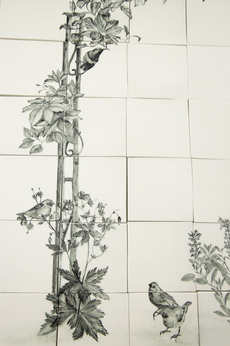 Hand-Painted Black & White Bird in the Garden Mural - ALMELD