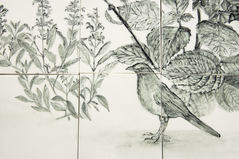 Hand-Painted Black & White Bird in the Garden Mural - ALMELD