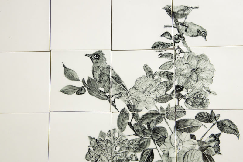 Hand-Painted Black & White Bird in the Garden Mural - ALMELD