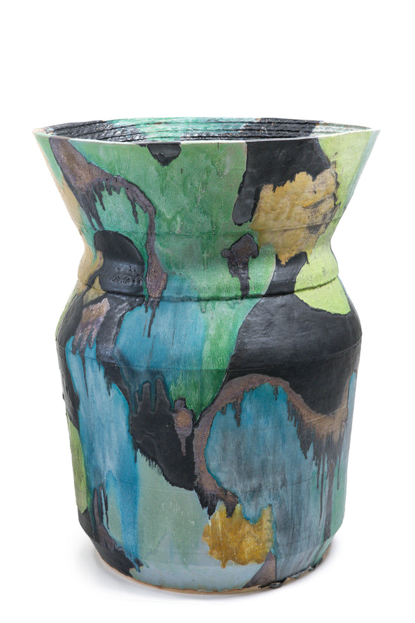 Blue, Green & Black Hand-Painted Ceramic Vessel - APLQDB