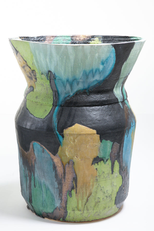 Blue, Green & Black Hand-Painted Ceramic Vessel - APLQDB
