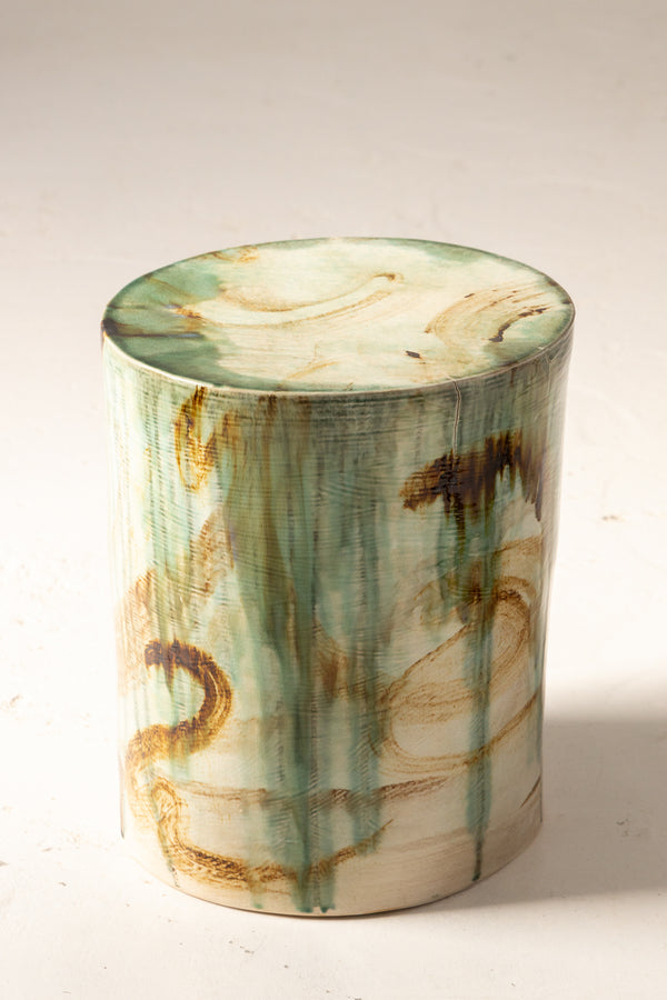Expressive Ceramic Side Table with Hand Painted Green and Brown Abstract Shapes on Tan Body - AXTWYW