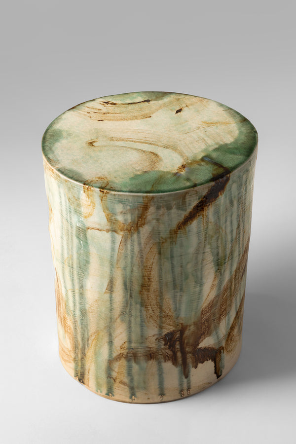 Expressive Ceramic Side Table with Hand Painted Green and Brown Abstract Shapes on Tan Body - AXTWYW