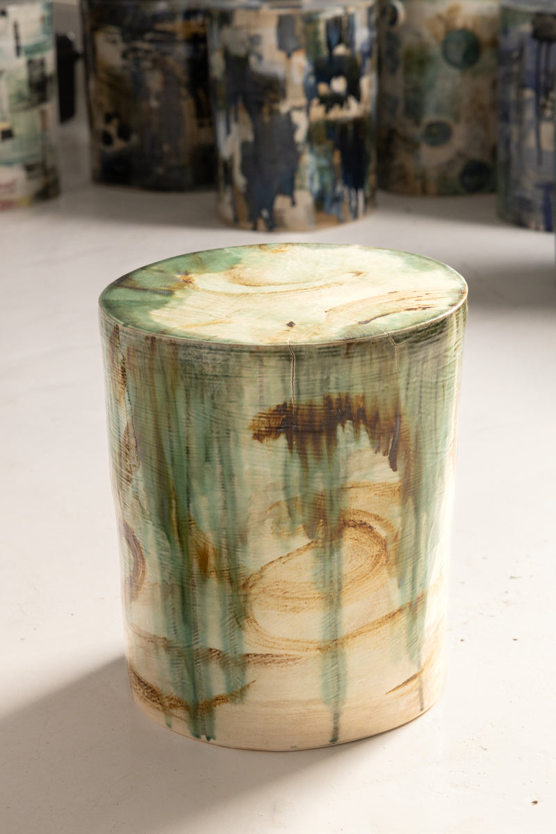Green and Brown Abstract Hand-Painted Ceramic Side Table - AXTWYW