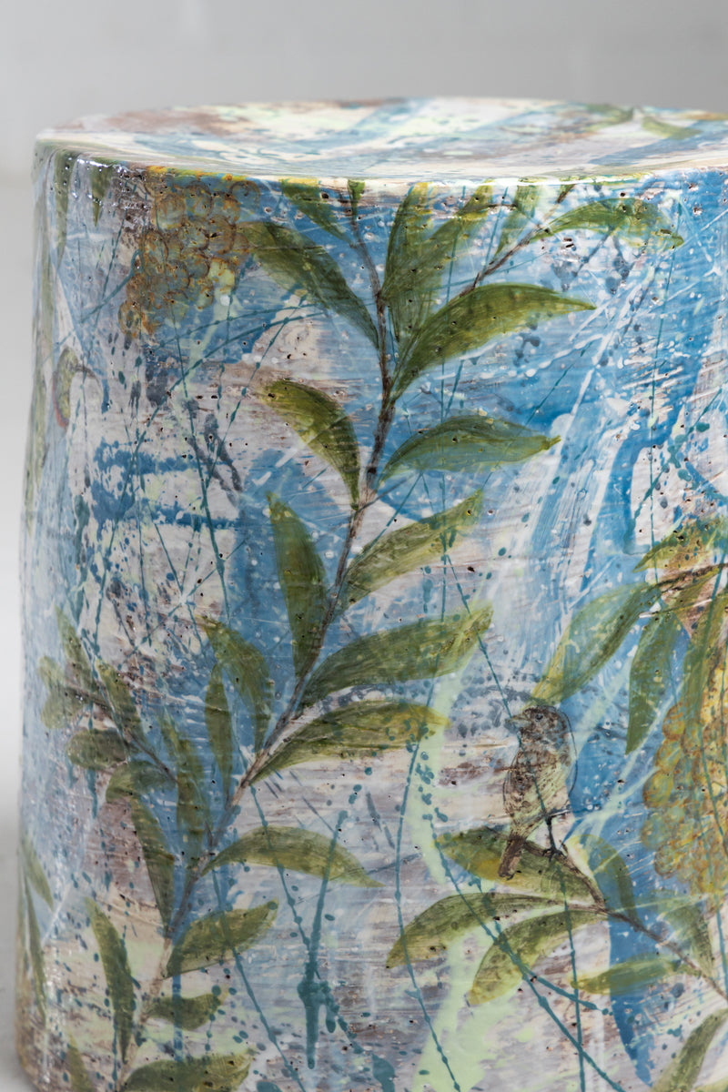 Custom Hand-Painted Bird & Plant Art Ceramic Side Table - BAFDLJ
