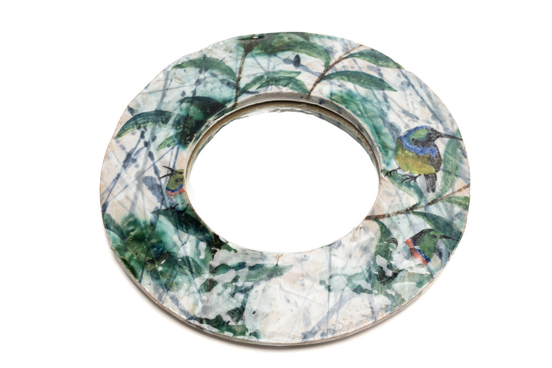 Small Green & White Sunbirds Ceramic Mirror - BBZXPG