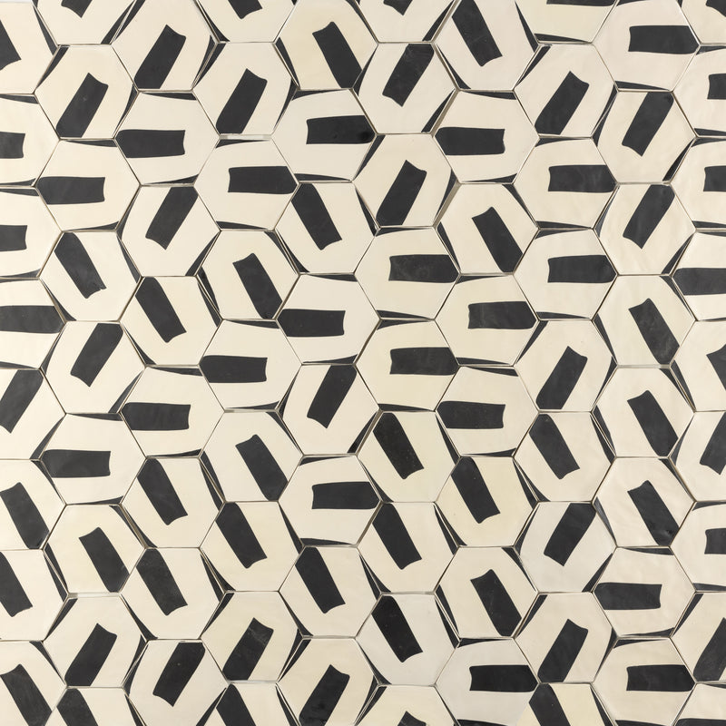 Black & White Hexagon Hand-Printed Pattern Tile - BDACCI -EX