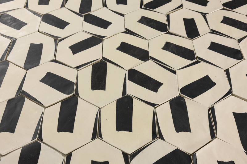 Black & White Hexagon Hand-Printed Pattern Tile - BDACCI -EX