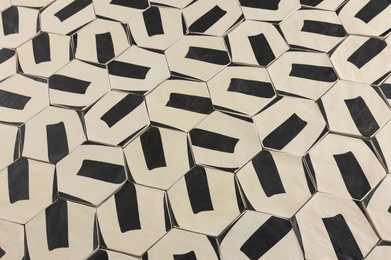 Black & White Hexagon Hand-Printed Pattern Tile - BDACCI -EX