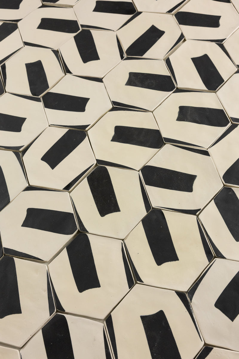 Black & White Hexagon Hand-Printed Pattern Tile - BDACCI -EX