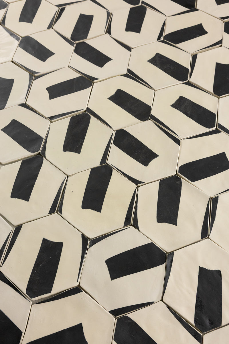 Black & White Hexagon Hand-Printed Pattern Tile - BDACCI -EX