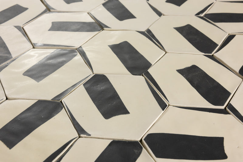 Black & White Hexagon Hand-Printed Pattern Tile - BDACCI -EX