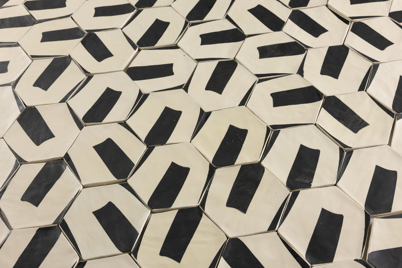 Black & White Hexagon Hand-Printed Pattern Tile - BDACCI-WS