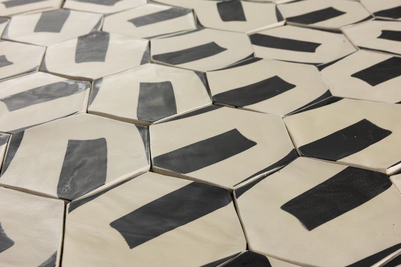 Black & White Hexagon Hand-Printed Pattern Tile - BDACCI-WS