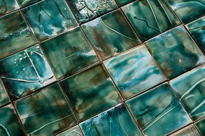 Hand-Panted Abstract Green Square Tile - BEMM4C-WS