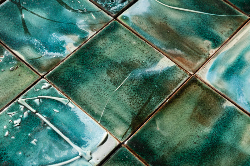 Hand-Panted Abstract Green Square Tile - BEMM4C-WS