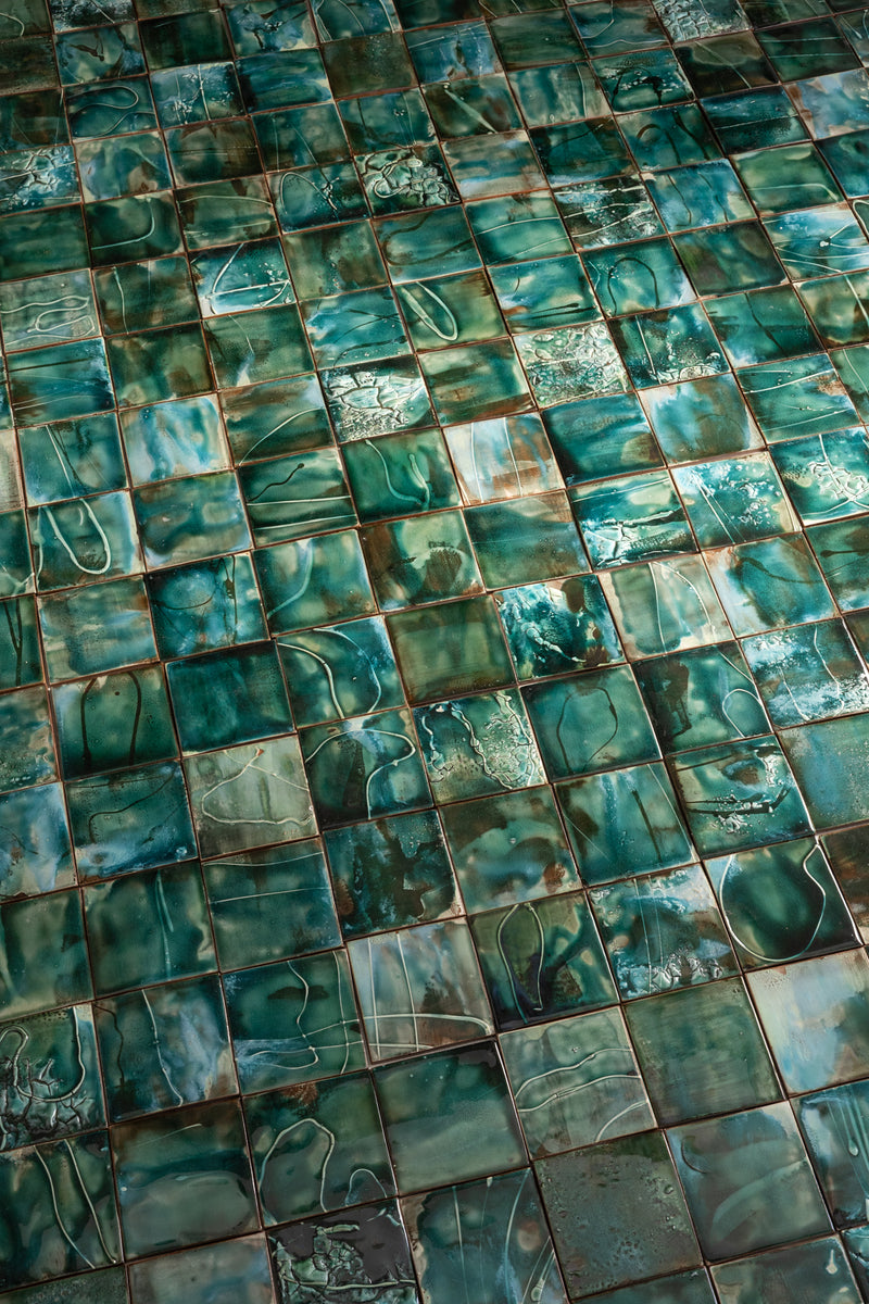 Hand-Panted Abstract Green Square Tile - BEMM4C-WS
