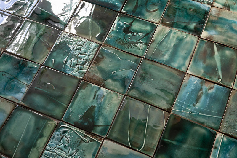 Hand-Panted Abstract Green Square Tile - BEMM4C-WS