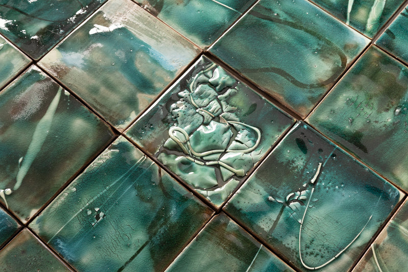 Hand-Panted Abstract Green Square Tile - BEMM4C-WS