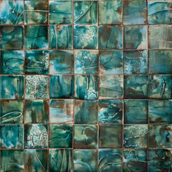 Hand-Panted Abstract Green Square Tile - BEMM4C-WS
