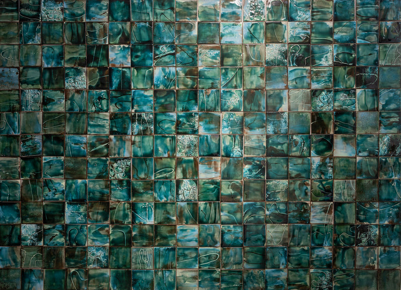 Hand-Panted Abstract Green Square Tile - BEMM4C-WS