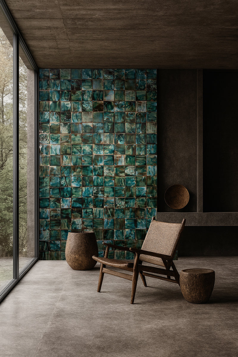 Hand-Painted Abstract Green Square Tile - BEMM4C-WS